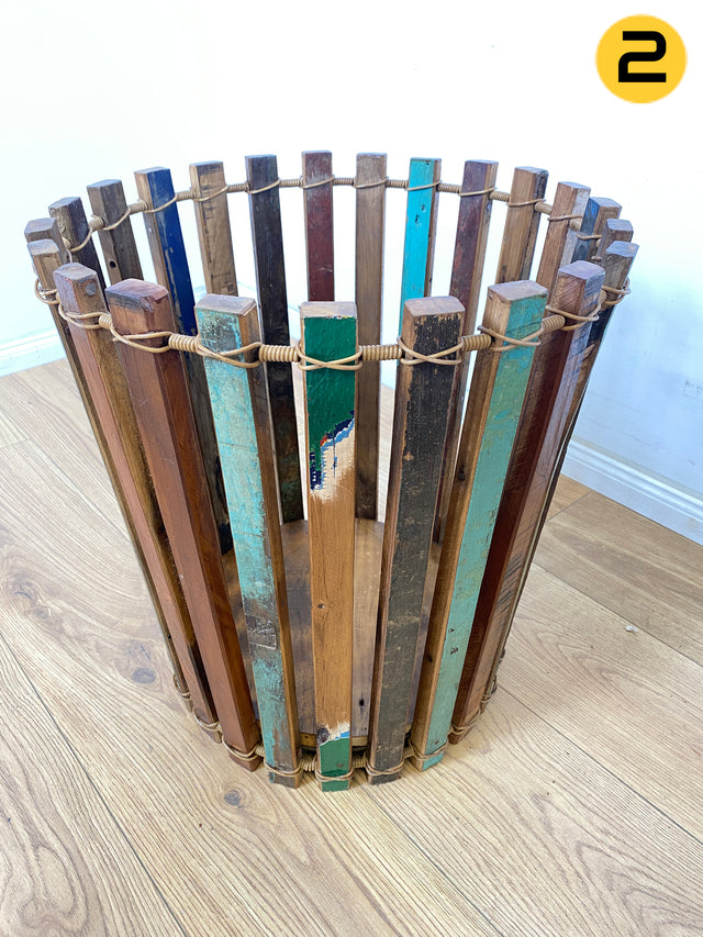 Boatwood by WMK # 1/3 Einzigartiger Papierkorb aus altem Bootsholz, ein handgefertigtes Unikat aus Teakholz , ⌀45cm # bunter Papiereimer Eimer Abfalleimer Korb Mülleimer Müllkorb Blumentopf Upcycling