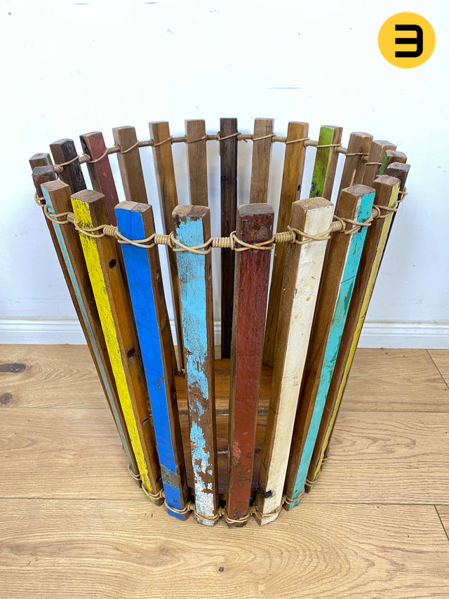 Boatwood by WMK # 1/3 Einzigartiger Papierkorb aus altem Bootsholz, ein handgefertigtes Unikat aus Teakholz , ⌀45cm # bunter Papiereimer Eimer Abfalleimer Korb Mülleimer Müllkorb Blumentopf Upcycling