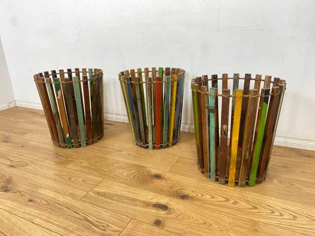 Boatwood by WMK # 1/3 Einzigartiger Papierkorb aus altem Bootsholz, ein handgefertigtes Unikat aus Teakholz , ⌀45cm # bunter Papiereimer Eimer Abfalleimer Korb Mülleimer Müllkorb Blumentopf Upcycling