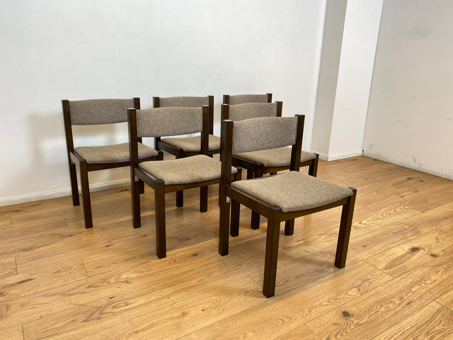 WMK # Set aus 6 stilvollen skandinavischen Vintage Esszimmerstühlen mit braunem Holzgestell und hochwertigem grauem Wollbezug I Stühle Küchenstühle Holzstühle Dining Chairs 70er 80er Berlin Jena Bonn