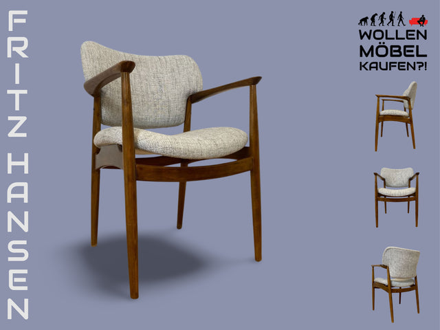 WMK I Skandinavischer Mid-Century Designer Sessel von Ejnar Larsen & Aksel Bender für Fritz Hansen mit Wollbezug & Teakholz Rahmen I Armlehnstuhl Armchair Stuhl Schreibtisch Danish Design Vintage Teak