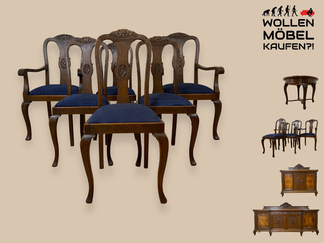 WMK I Set aus 6 eleganten und sehr gut erhaltenen antiken Stühlen aus Eichenholz mit feinem Brokat Bezug I Esszimmerstühle Holzstühle Dining Chairs 6er Gründerzeit Vintage I Berlin Nürnberg Sachsen