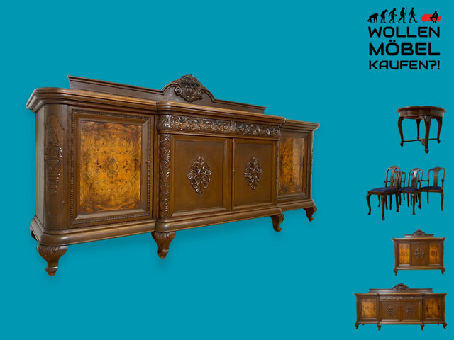WMK I Mächtige antike Anrichte aus massiver Eiche, handverziert, mit ausziehbaren Marmor Ablage I Schrank Büfett Buffet Kommode Sideboard Gründerzeit Vintage I Berlin Jena München