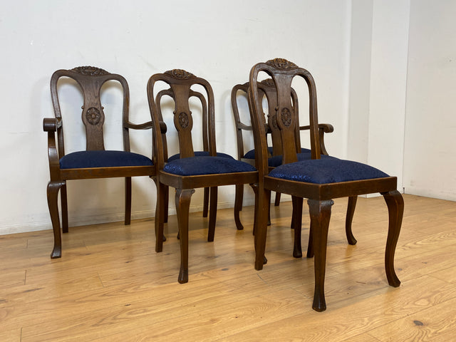 WMK I Set aus 6 eleganten und sehr gut erhaltenen antiken Stühlen aus Eichenholz mit feinem Brokat Bezug