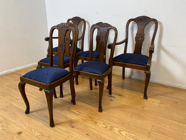WMK I Set aus 6 eleganten und sehr gut erhaltenen antiken Stühlen aus Eichenholz mit feinem Brokat Bezug