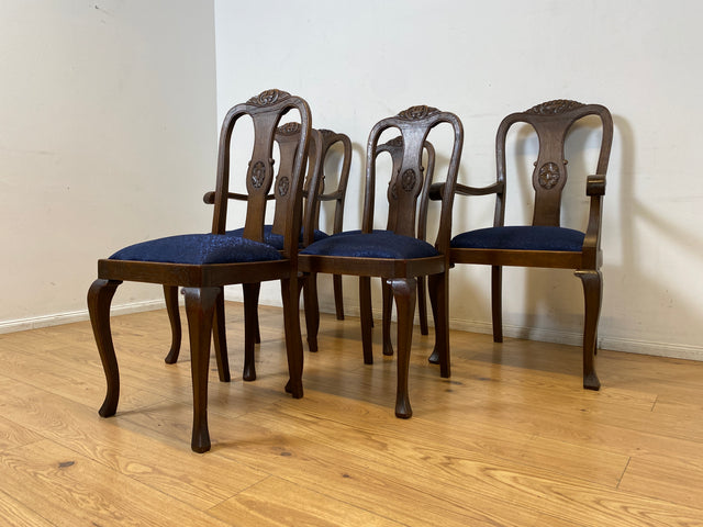 WMK I Set aus 6 eleganten und sehr gut erhaltenen antiken Stühlen aus Eichenholz mit feinem Brokat Bezug