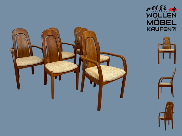WMK I Set aus 6 hochwertigen skandinavischen Designer Stühlen I EMC Furniture I Teakholz massiv I naturbeiger Originalbezug I Dining Chairs Armlehnen Esszimmer Danish Design Mid-Century Vintage Teak