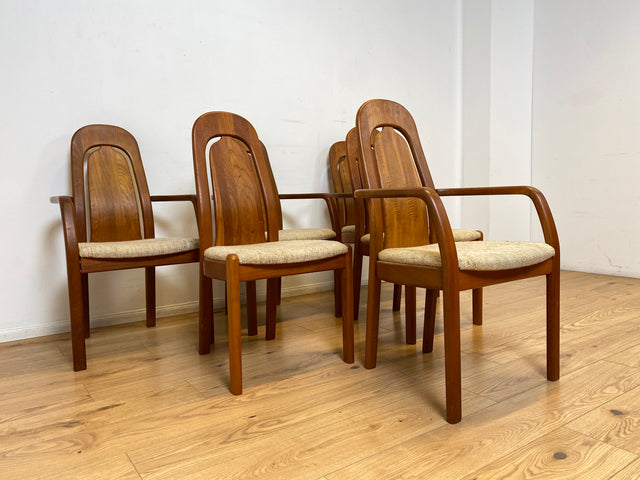 WMK I Set aus 6 hochwertigen skandinavischen Designer Stühlen I EMC Furniture I Teakholz massiv I naturbeiger Originalbezug I Dining Chairs Armlehnen Esszimmer Danish Design Mid-Century Vintage Teak