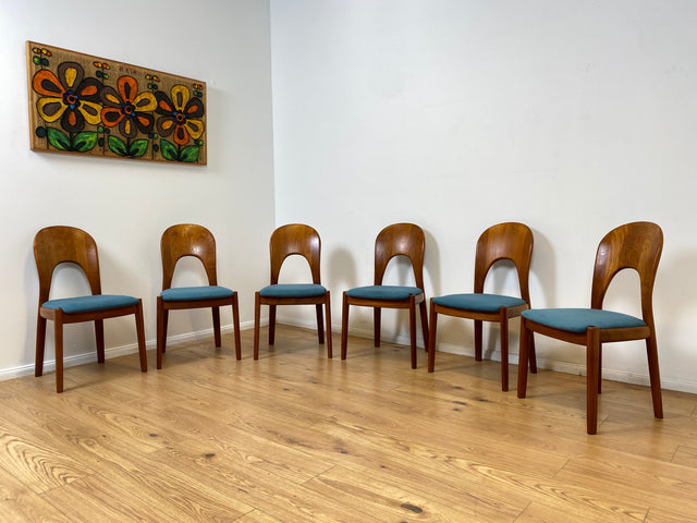 WMK # Set aus 6 raren & sehr gut erhaltenen skandinavischen Designerstühlen by John Mortensen for Koefoed Hornslet aus Teakholz # Stühle Esszimmerstühle Dining Chairs Danish Design Mid-Century Vintage
