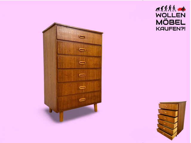 WMK # Stilvolle & gut erhaltene skandinavische Mid-Century Kommode in Teakholz mit Schubladen & formschönen Holzgriffen # Schubladenkommode Schrank Wäschekommode Highboard Sideboard Vintage Teak 60er