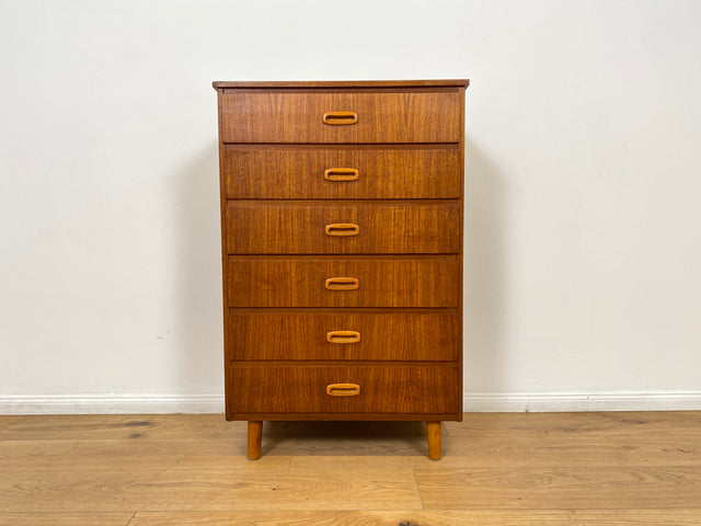 WMK # Stilvolle & gut erhaltene skandinavische Mid-Century Kommode in Teakholz mit Schubladen & formschönen Holzgriffen # Schubladenkommode Schrank Wäschekommode Highboard Sideboard Vintage Teak 60er