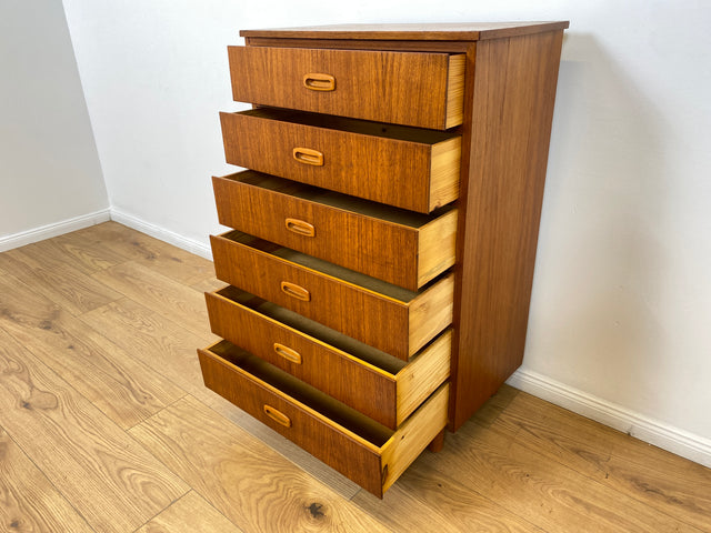 WMK # Stilvolle & gut erhaltene skandinavische Mid-Century Kommode in Teakholz mit Schubladen & formschönen Holzgriffen # Schubladenkommode Schrank Wäschekommode Highboard Sideboard Vintage Teak 60er