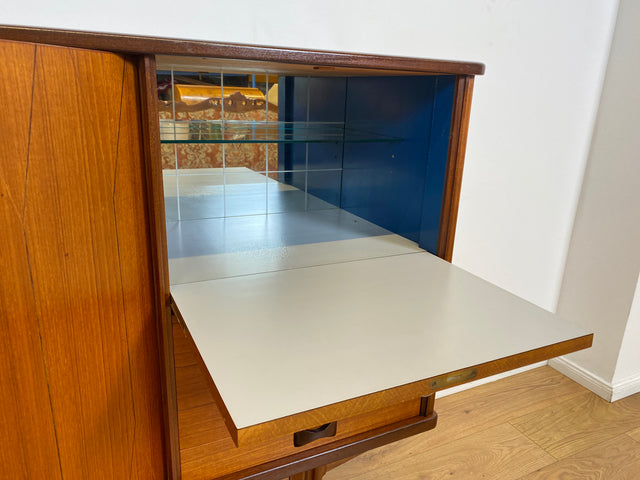 WMK # Skandinavisches Mid-Century Designer Highboard "Roseto" by Svante Skogh for Abra, Vollholz in Teak, mit Schubladen & Bar # Sideboard Schrank Barschrank Kommode Danish Design Vintage Teak 60er