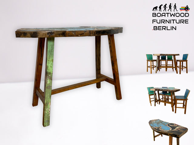 Formschöner und sehr robuster Stehtisch handgefertigt aus altem Bootsholz in Originalfarben I Teakholz massiv I in & Outdoor I Tisch Holztisch Bartisch Küchentisch Gastro Industrial Design Upcycling I