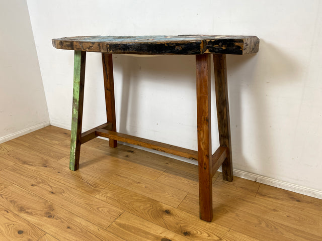 Formschöner und sehr robuster Stehtisch handgefertigt aus altem Bootsholz in Originalfarben I Teakholz massiv I in & Outdoor I Tisch Holztisch Bartisch Küchentisch Gastro Industrial Design Upcycling I
