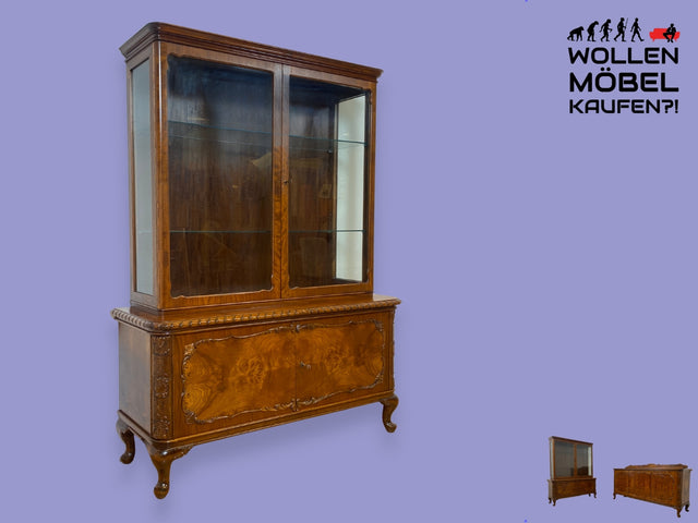 WMK I Hochwertige handverzierte Stilmöbel Vitrine im antiken Stil I Vollholz in Nussbaum Wurzelholz I Schrank Glasvitrine Geschirrschrank Anrichte Barock Chippendale Vintage Berlin Dortmund Hannover
