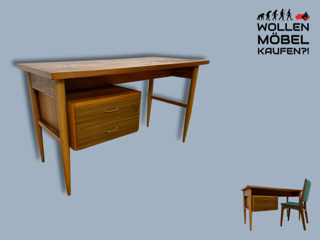 WMK I Versand 85€ I Stilvoller kleiner Mid-Century Schreibtisch , freistehend, mit Schubladen & Messinggriffen I Desk Arbeitstisch Bürotisch Sekretär DDR 60er 70er Vintage Berlin Regensburg Flensburg