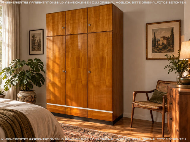 Schöner und geräumiger Vintage Kleiderschrank aus 1967 in Hochglanz Kirschholz mit Aufsatz und Schubladen I Schrank Schlafzimmerschrank Wäscheschrank 60er 70er Mid-Century