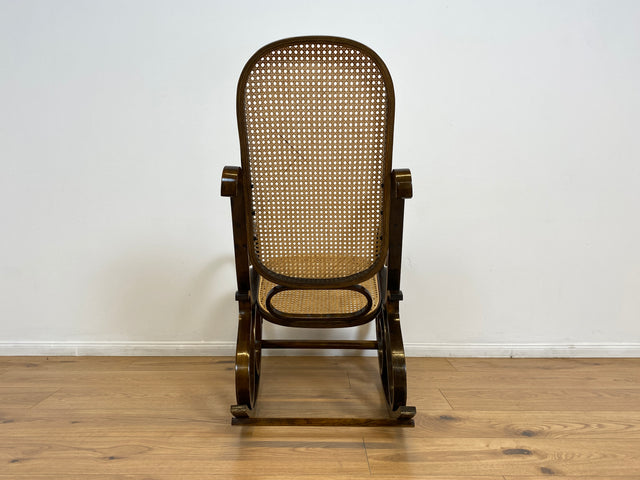 WMK # Kultiger und sehr gut erhaltener Vintage Schaukelstuhl im Stil von Thonet mit Bugholz Rahmen und Wiener Geflecht # Schaukelfauteuil Sessel Lesesessel Relaxsessel Rocking Chair Korbgeflecht Retro