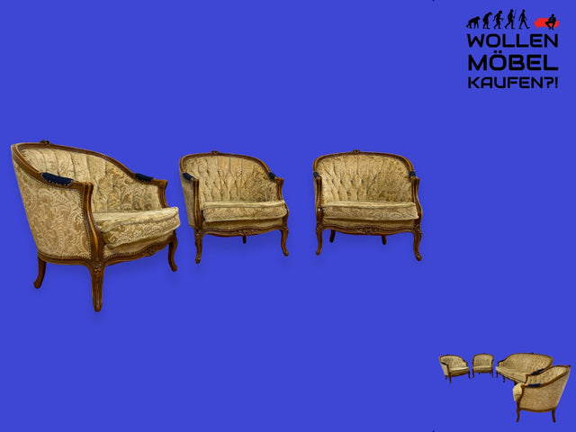 WMK I 1/3 Eleganter Vintage Sessel im antiken Stil mit brokatartiger Damast Bezug und handverziertem Holzrahmen I Salonsessel Stuhl Sitzgarnitur Polstergarnitur Stilmöbel Barock I Berlin Leipzig NRW