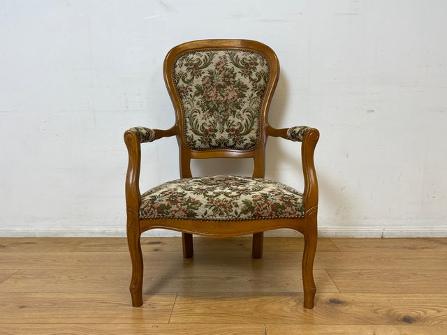 WMK I Eleganter und gut erhaltener Vintage Sessel im antiken Stil mit floralem Originalbezug