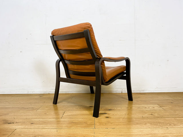 Stilvoller und gemütlicher skandinavischer Mid-Century Sessel mit Bugholzrahmen und braunem Echtleder Bezug I Ledersessel Loungesessel Lesesessel Freischwinger Leder Vintage I