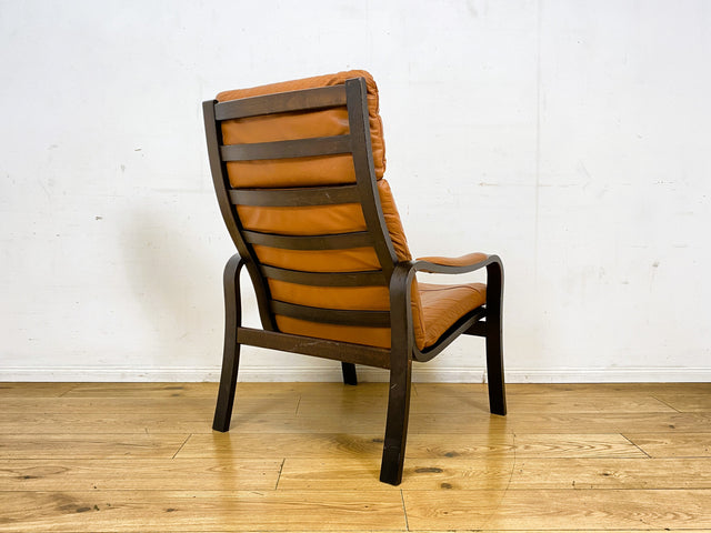 Stilvoller und gemütlicher skandinavischer Mid-Century Sessel mit Bugholzrahmen und braunem Echtleder Bezug I Ledersessel Loungesessel Lesesessel Freischwinger Leder Vintage I