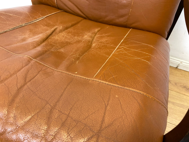 Stilvoller und gemütlicher skandinavischer Mid-Century Sessel mit Bugholzrahmen und braunem Echtleder Bezug I Ledersessel Loungesessel Lesesessel Freischwinger Leder Vintage I