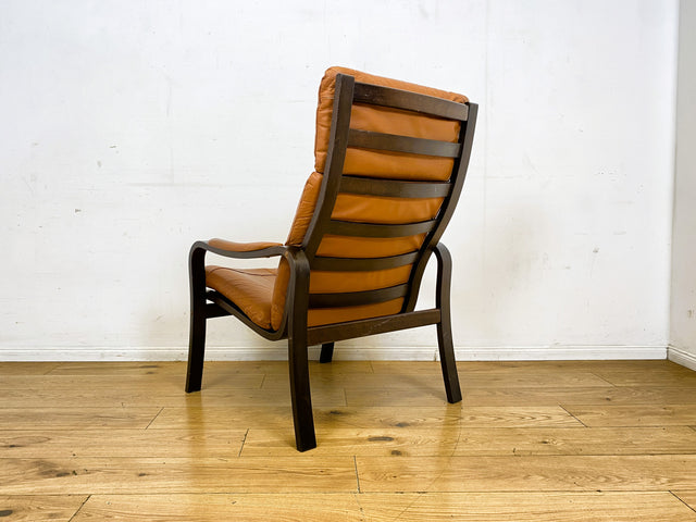 Stilvoller und gemütlicher skandinavischer Mid-Century Sessel mit Bugholzrahmen und braunem Echtleder Bezug I Ledersessel Loungesessel Lesesessel Freischwinger Leder Vintage I