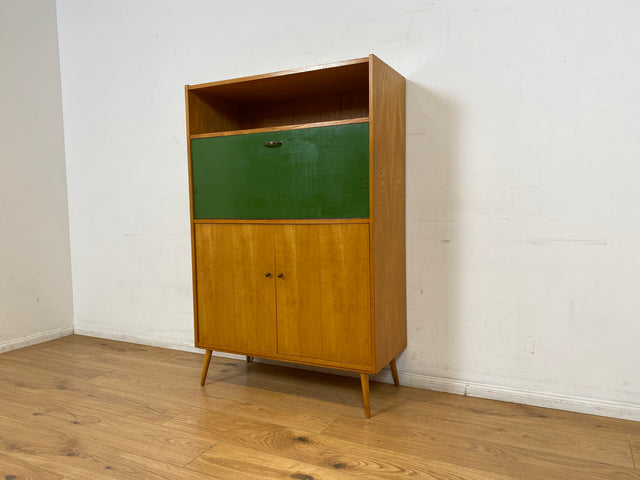 WMK I Rarer heller Mid-Century Schreibschrank in grüner Originalfarbe mit Messinggriffen I Sekretär Highboard Schrank Barschrank Bar Schreibtisch Bücherschrank Vintage 60er I Berlin Frankfurt Bayern