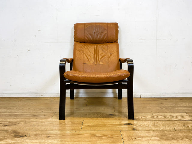 Stilvoller und gemütlicher skandinavischer Mid-Century Sessel mit Bugholzrahmen und braunem Echtleder Bezug I Ledersessel Loungesessel Lesesessel Freischwinger Leder Vintage I