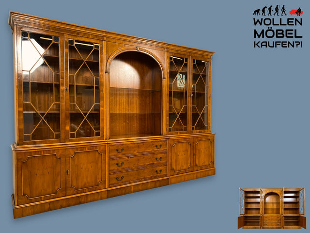 WMK I Imposanter & hochwertiger 1980er Wohnzimmerschrank im englischen Regency Stil mit Vitrine I Bücherschrank Büchervitrine Bücherregal Wohnwand Schrankwand Vitrinenschrank Cabinet Vintage Stilmöbel