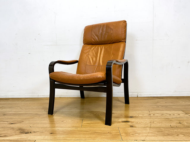 Stilvoller und gemütlicher skandinavischer Mid-Century Sessel mit Bugholzrahmen und braunem Echtleder Bezug I Ledersessel Loungesessel Lesesessel Freischwinger Leder Vintage I