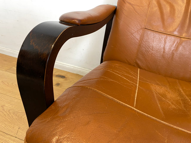 Stilvoller und gemütlicher skandinavischer Mid-Century Sessel mit Bugholzrahmen und braunem Echtleder Bezug I Ledersessel Loungesessel Lesesessel Freischwinger Leder Vintage I