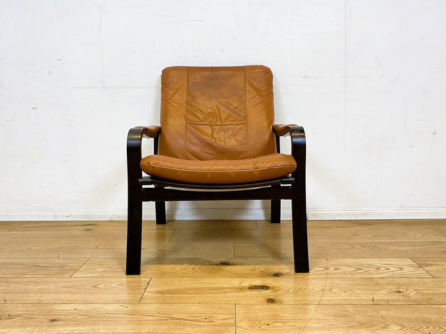 Stilvoller und gemütlicher skandinavischer Mid-Century Sessel mit Bugholzrahmen und braunem Echtleder Bezug I Ledersessel Loungesessel Lesesessel Freischwinger Leder Vintage I