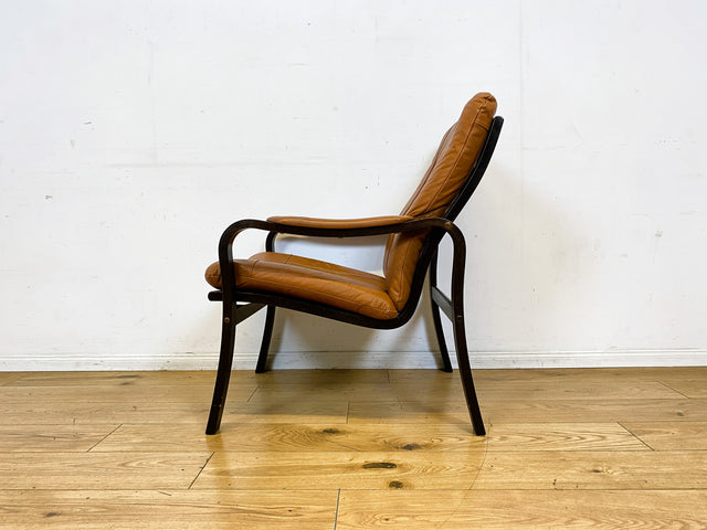 Stilvoller und gemütlicher skandinavischer Mid-Century Sessel mit Bugholzrahmen und braunem Echtleder Bezug I Ledersessel Loungesessel Lesesessel Freischwinger Leder Vintage I