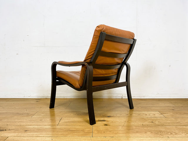 Stilvoller und gemütlicher skandinavischer Mid-Century Sessel mit Bugholzrahmen und braunem Echtleder Bezug I Ledersessel Loungesessel Lesesessel Freischwinger Leder Vintage I