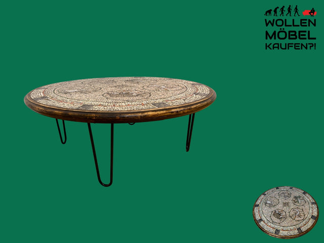 WMK I Sehr schöner runder großer Upcycling Couchtisch mit 30er Jahre Mosaik Tischplatte & neuen Hairpin Metallfüßen