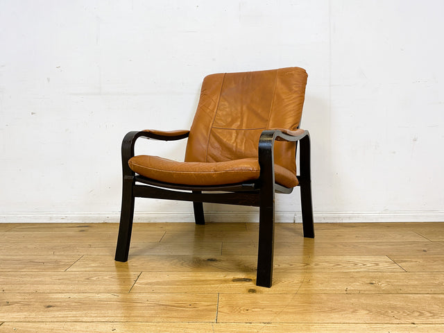 Stilvoller und gemütlicher skandinavischer Mid-Century Sessel mit Bugholzrahmen und braunem Echtleder Bezug I Ledersessel Loungesessel Lesesessel Freischwinger Leder Vintage I