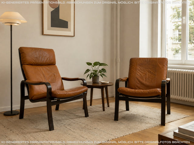 Stilvoller und gemütlicher skandinavischer Mid-Century Sessel mit Bugholzrahmen und braunem Echtleder Bezug I Ledersessel Loungesessel Lesesessel Freischwinger Leder Vintage I
