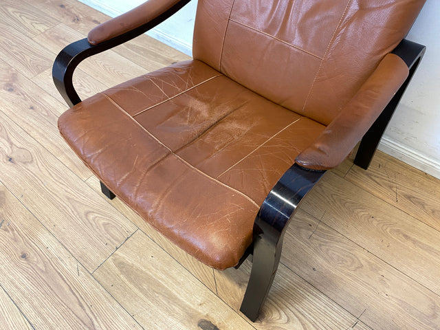 Stilvoller und gemütlicher skandinavischer Mid-Century Sessel mit Bugholzrahmen und braunem Echtleder Bezug I Ledersessel Loungesessel Lesesessel Freischwinger Leder Vintage I