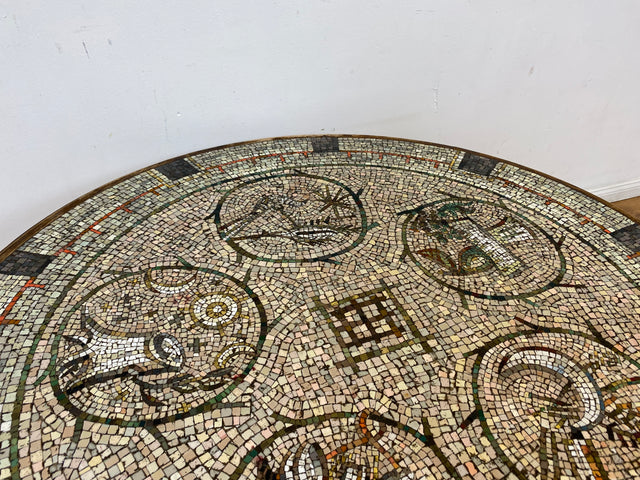 WMK I Sehr schöner runder großer Upcycling Couchtisch mit 30er Jahre Mosaik Tischplatte & neuen Hairpin Metallfüßen
