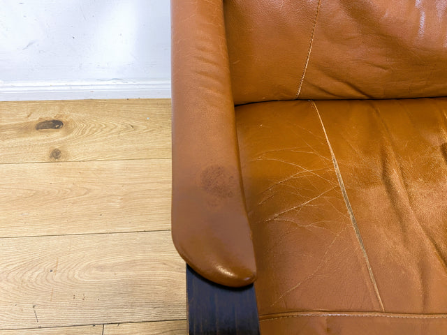Stilvoller und gemütlicher skandinavischer Mid-Century Sessel mit Bugholzrahmen und braunem Echtleder Bezug I Ledersessel Loungesessel Lesesessel Freischwinger Leder Vintage I