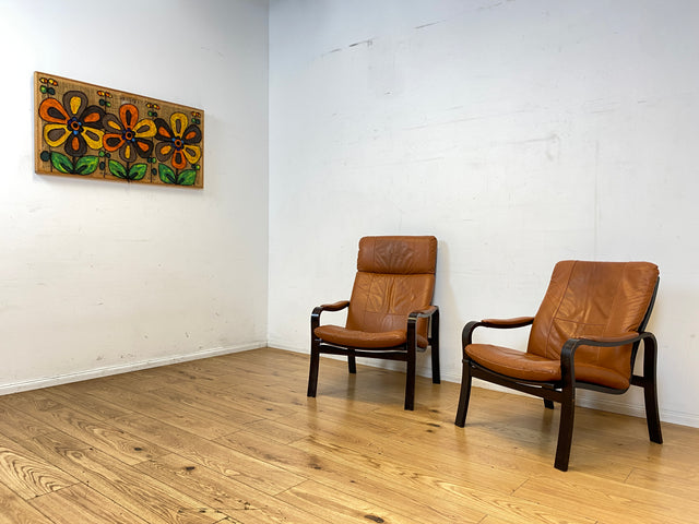 Stilvoller und gemütlicher skandinavischer Mid-Century Sessel mit Bugholzrahmen und braunem Echtleder Bezug I Ledersessel Loungesessel Lesesessel Freischwinger Leder Vintage I