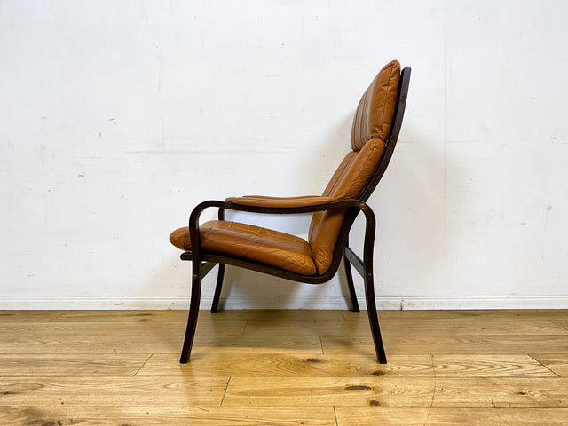 Stilvoller und gemütlicher skandinavischer Mid-Century Sessel mit Bugholzrahmen und braunem Echtleder Bezug I Ledersessel Loungesessel Lesesessel Freischwinger Leder Vintage I