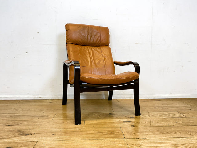 Stilvoller und gemütlicher skandinavischer Mid-Century Sessel mit Bugholzrahmen und braunem Echtleder Bezug I Ledersessel Loungesessel Lesesessel Freischwinger Leder Vintage I