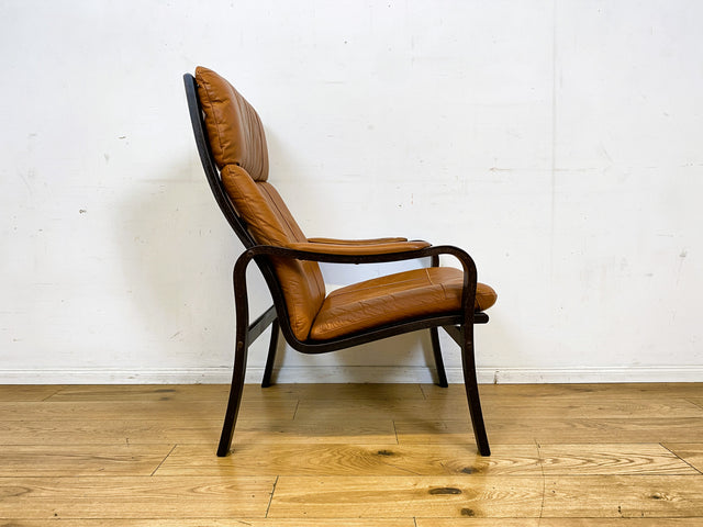 Stilvoller und gemütlicher skandinavischer Mid-Century Sessel mit Bugholzrahmen und braunem Echtleder Bezug I Ledersessel Loungesessel Lesesessel Freischwinger Leder Vintage I