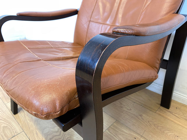Stilvoller und gemütlicher skandinavischer Mid-Century Sessel mit Bugholzrahmen und braunem Echtleder Bezug I Ledersessel Loungesessel Lesesessel Freischwinger Leder Vintage I