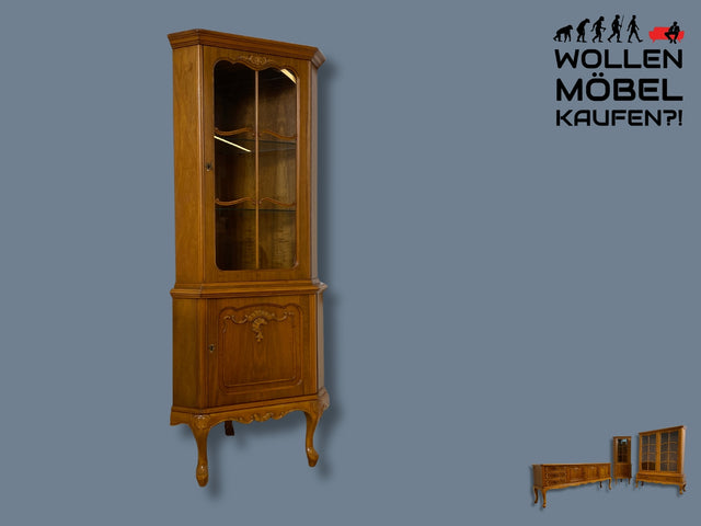 WMK I Hochwertige handverzierte 60er Jahre Chippendale Eckvitrine in Nussbaum I Eckschrank Glasvitrine Geschirrschrank Wohnzimmerschrank Eckkommode Highboard Vintage Barock I Berlin Leipzig Hannover