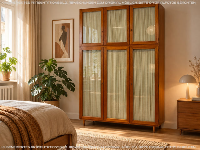 Stilvoller und perfekt aufgeteilter heller Mid-Century Kleiderschrank mit Glastüren , Vorhang und Aufsatz I Schrank Schlafzimmerschrank Wäscheschrank Wardrobe Vintage 60er I